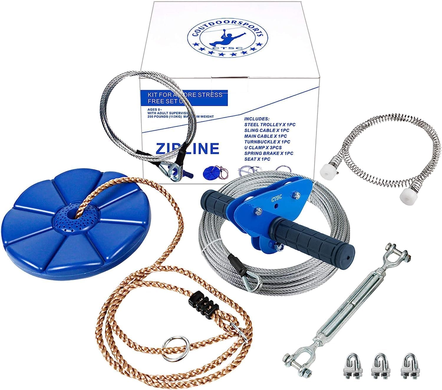 CTSC Zip Line Kits for Garden, 45m Zip Wire Kit with 1.8m Stainless Steel Spring Brake, Zip Wire For Kids and Adults (45m blue)
