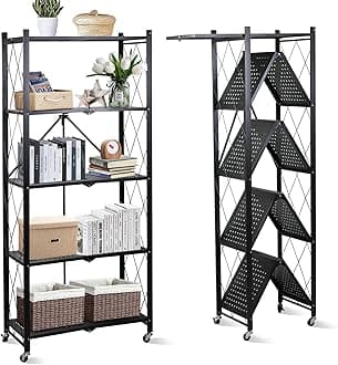 SKY-TOUCH Foldable Storage Shelves 5 Tier, Storage Racks Kitchen Cabinet, Shelf Storage Multipurpose Rack for Living Room Bedroom Kitchen Garage Easy Assembly Black