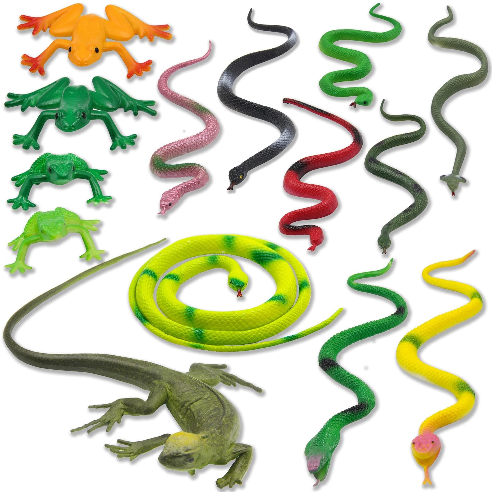 Pinowu 14pcs Realistic Rubber Forest Snake Animals, 1 Lizard + 4 Frog Toys + 9 Fake Snakes 4” to 35”, Assorted Colorful Animal Toys for Boy Girl Garden Prank Prop Scare Birds Halloween Party Favors