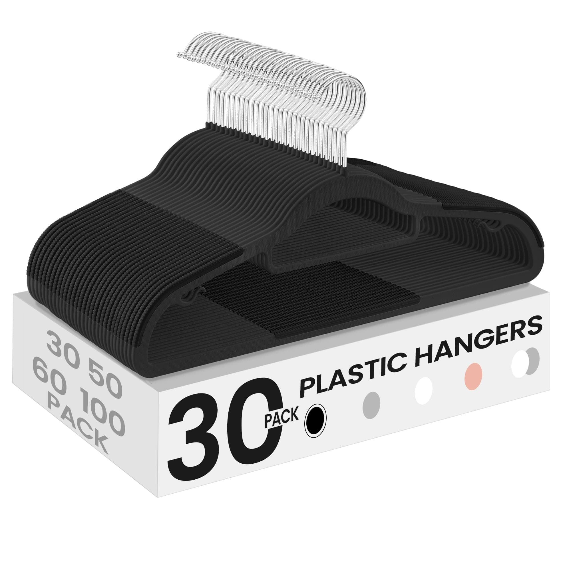 SONGMICS Pack of 30 Coat Hangers, Space-Saving Plastic Clothes Hangers, Non-Slip, 0.2 Inches Slim, 16.5 Inches Wide, 360° Swivel Silver Hook, Black UCRP20BK30