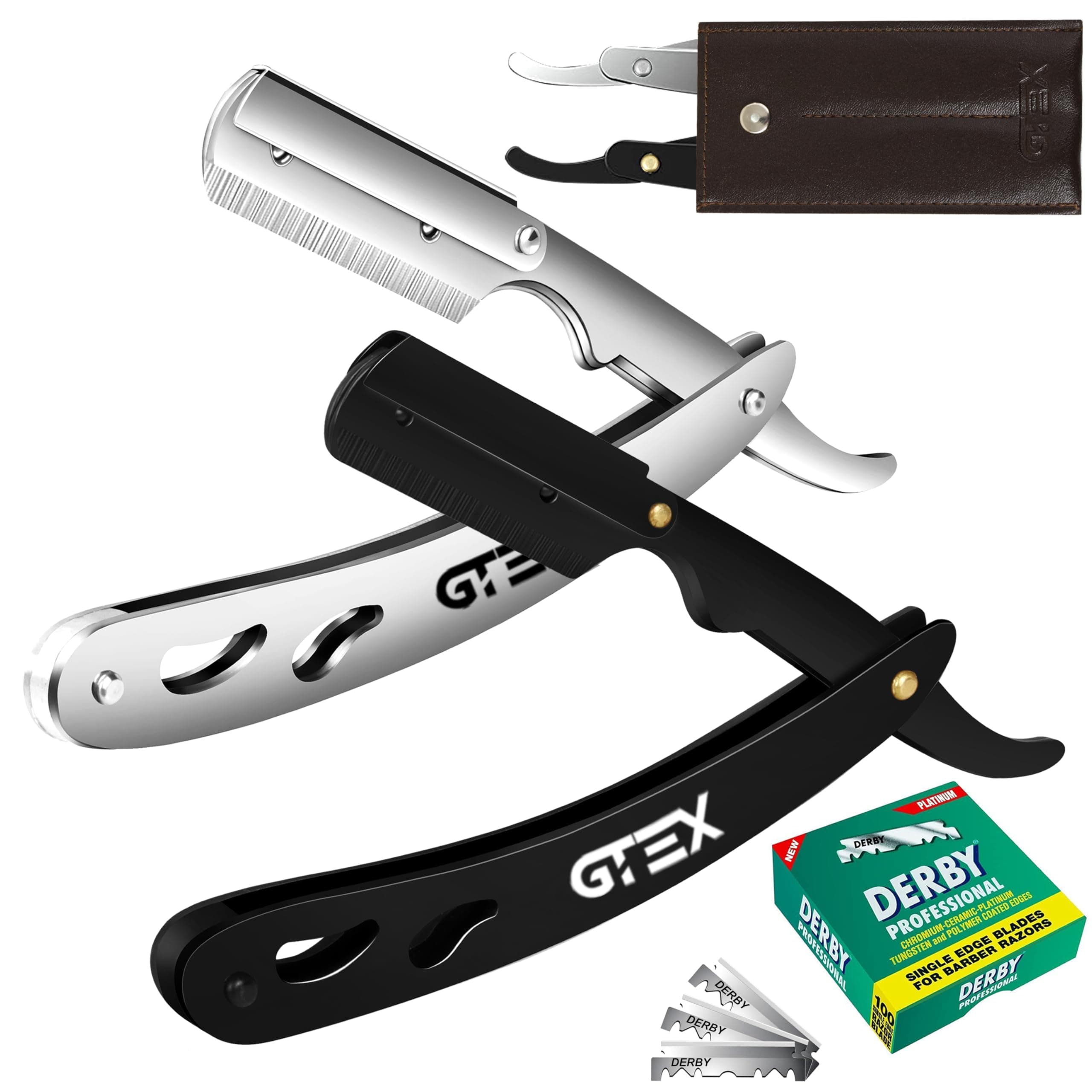 2 Straight Razor For Men (Black Silver), 100 Derby Blades - Beard Barber Razor For Men