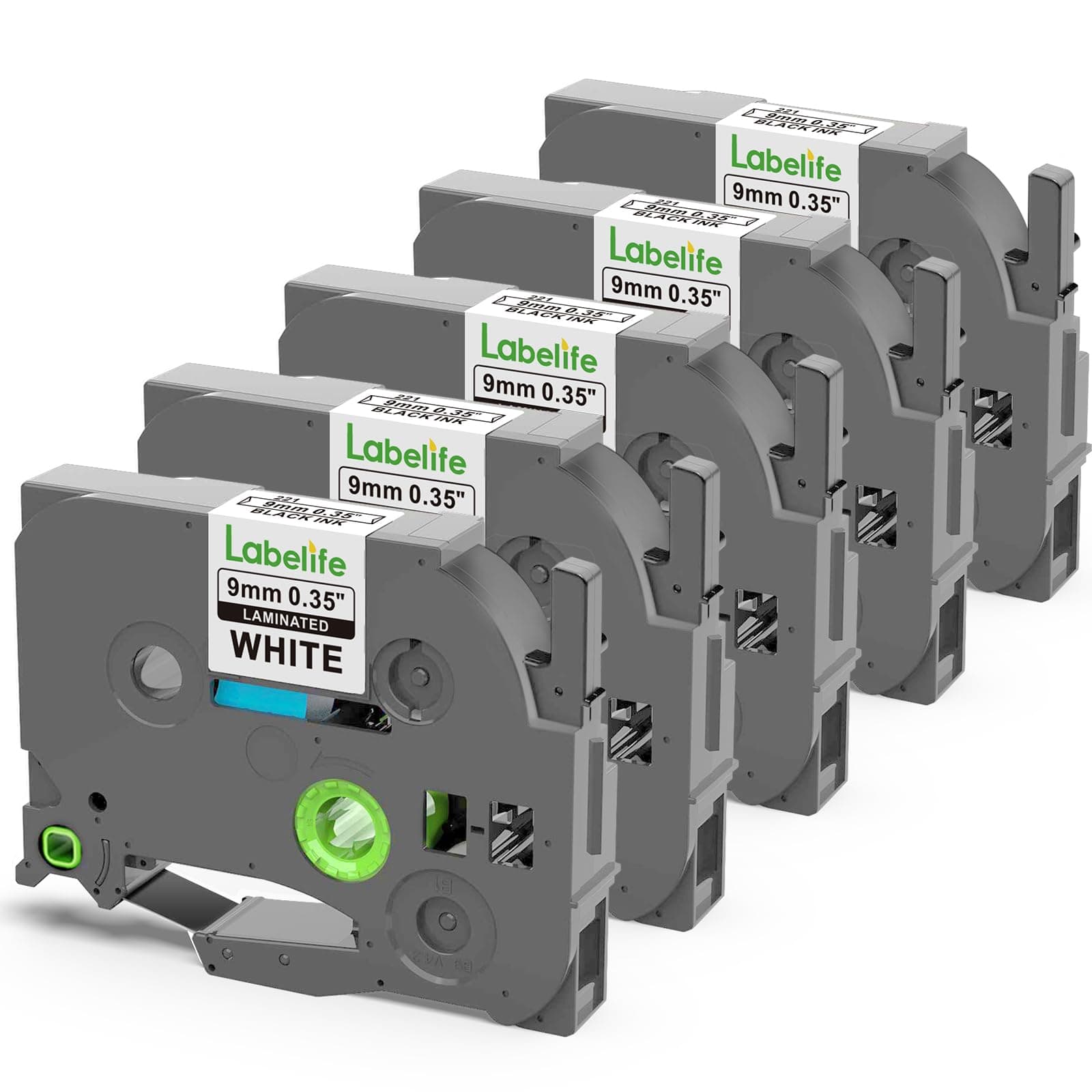 Labelife TZe-221 TZe221 Replacement for Brother P Touch Label Maker Tape 9mm TZe TZ Tape 9mm 0.35 Laminated White for Brother PT-D210 PT-D220 PT-D200 PT-H110 PT-D400 PT-D410, 3/8 Inch, 5-Pack
