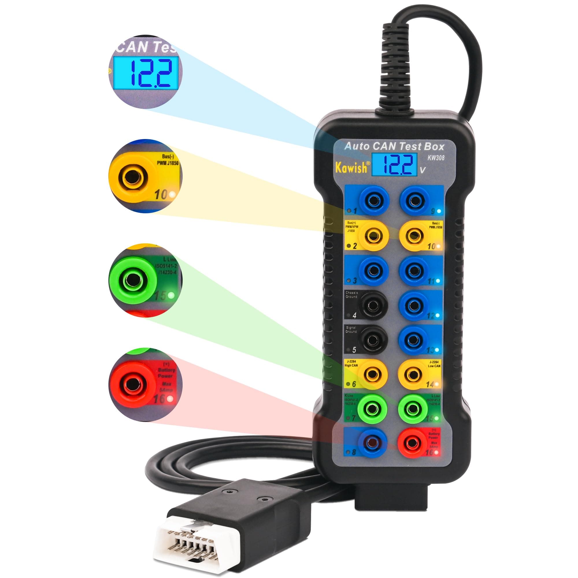 Kawish OBD2 Breakout Box 16-pin Can Bus Breakout Box Diagnostic Protocol Detector Power probe OBD Breakout Box for ECU/Communication/Maintenance Detection