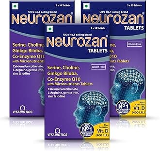 Neurozan 30 Tablets with Ginkgo Biloba, Serine, Choline & Magnesium for Cognitive Function, Stress, Anxiety & Sleep Support | Gluten-Free Vegetarian Multivitamins (Pack of 3)