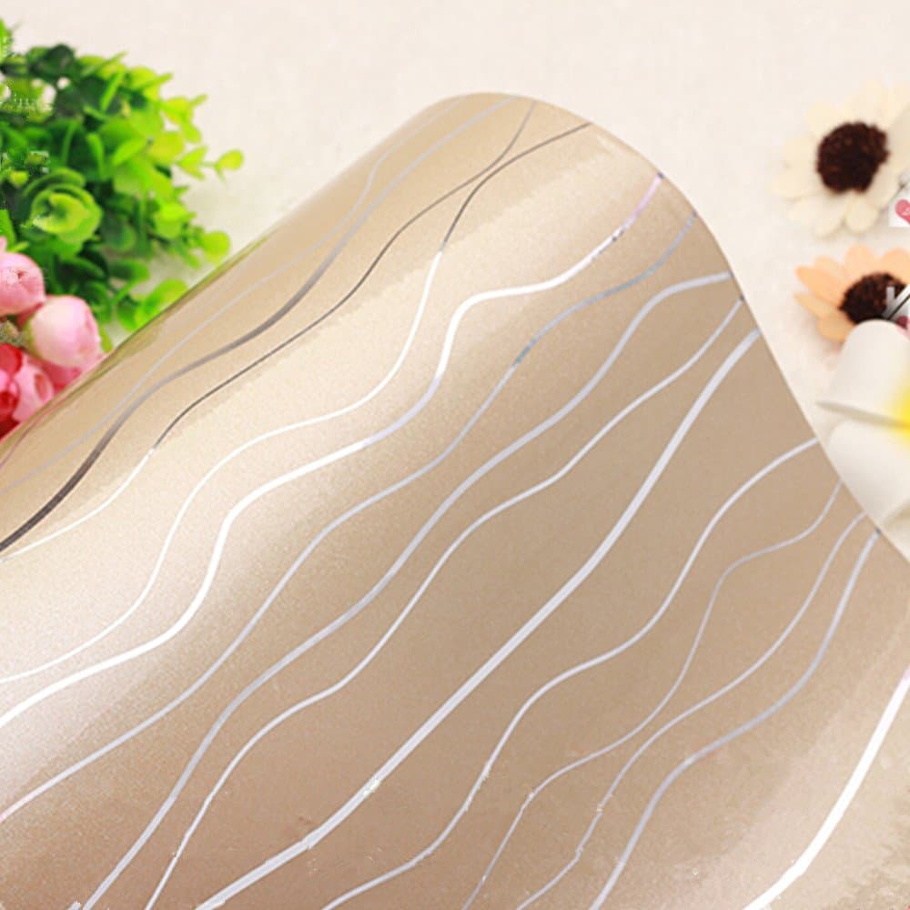 iHappy Gloss Stripes Print Adhesive Vinyl Kitchen Cupboard Cover Wall Contact Paper,24x98 Inch,Champagne