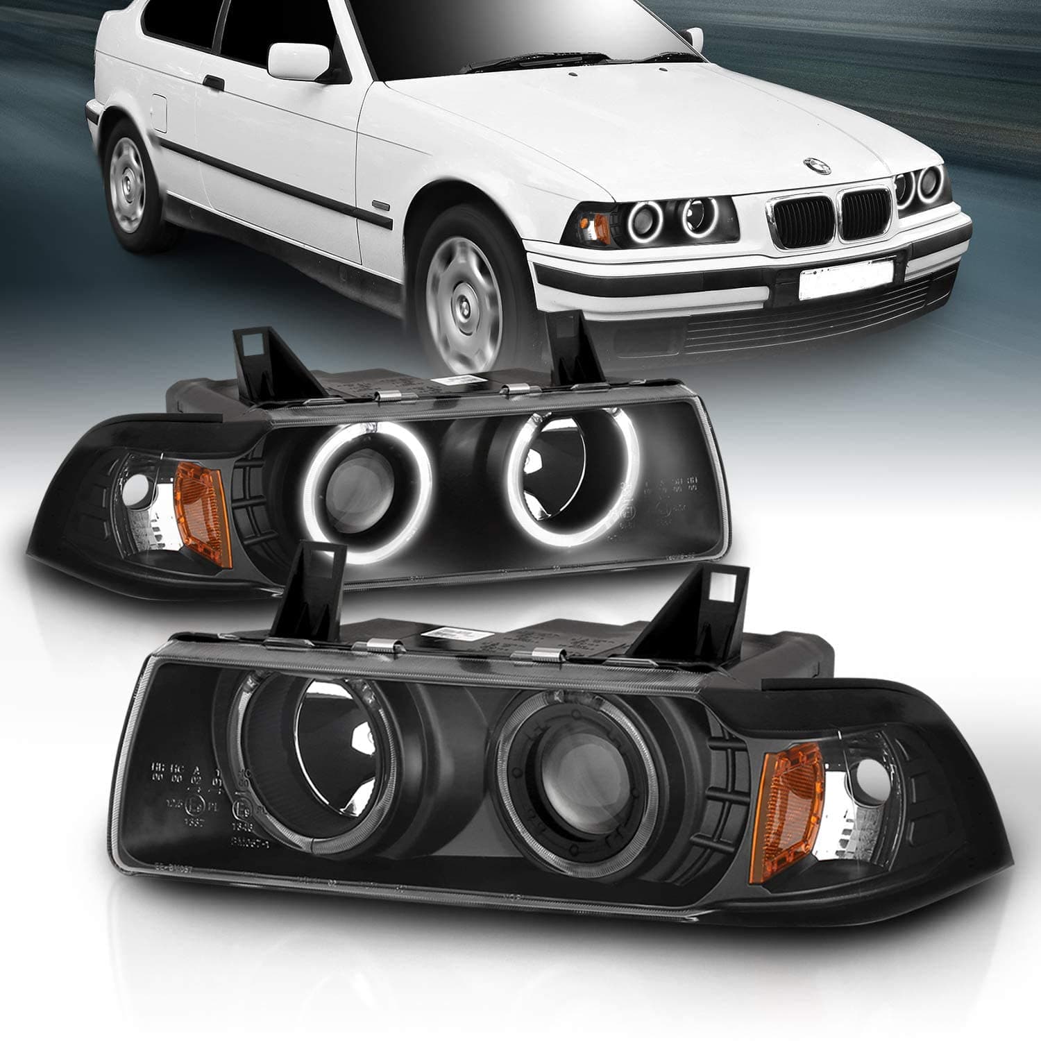 for 1992-1999 BMW 3 Series E36 2-Door Trims 1pc LED Halos Black Projector Headlights Pair - Passenger and Driver Side