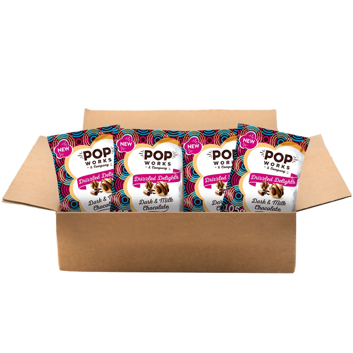 Popworks Dark Chocolate and Milk Chocolate Drizzle Flavour Popcorn, 105 g, Pack of 4