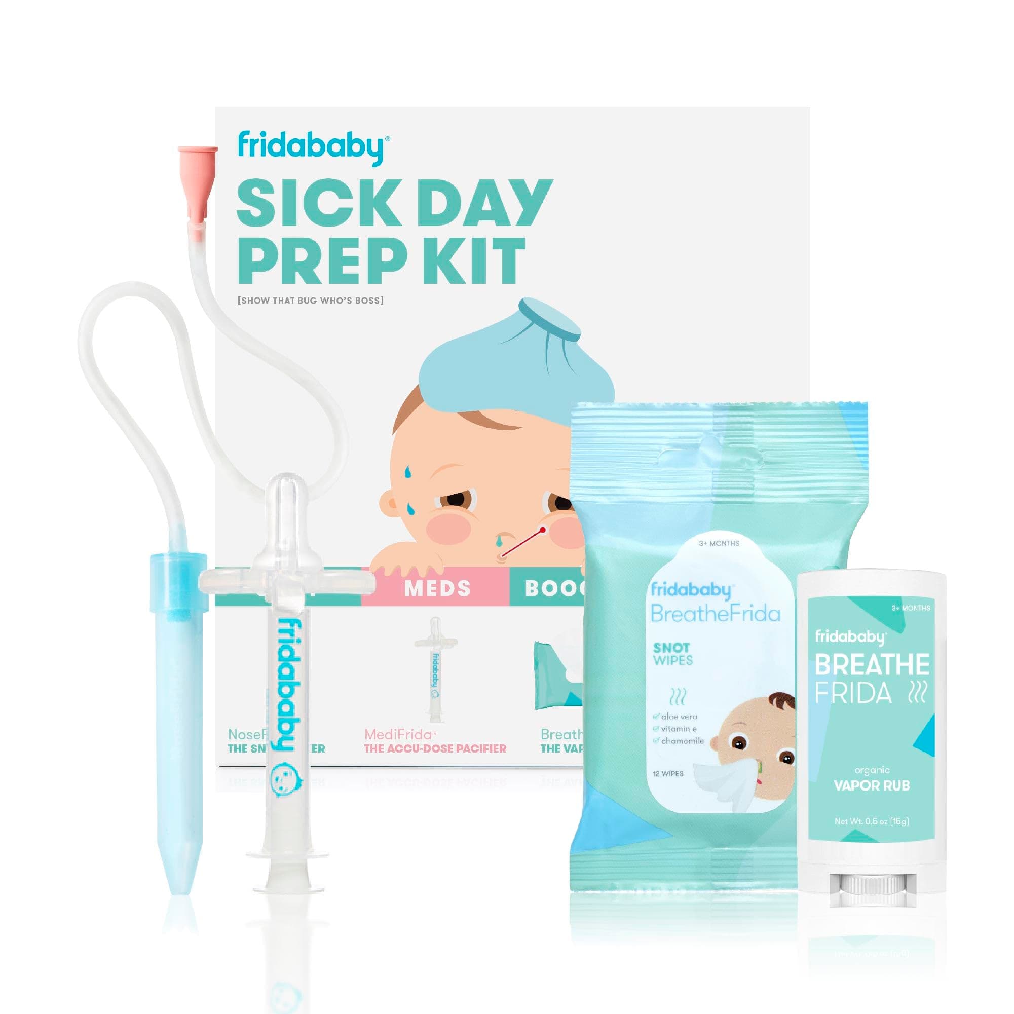 Sick Day Prep Kit, 4pc Set, Essentials Includes NoseFrida Nasal Aspirator, MediFrida Pacifier Medicine Dispenser, Breathefrida Vapor Chest Rub + Snot Wipes, Soothe Stuffy Noses for Babies