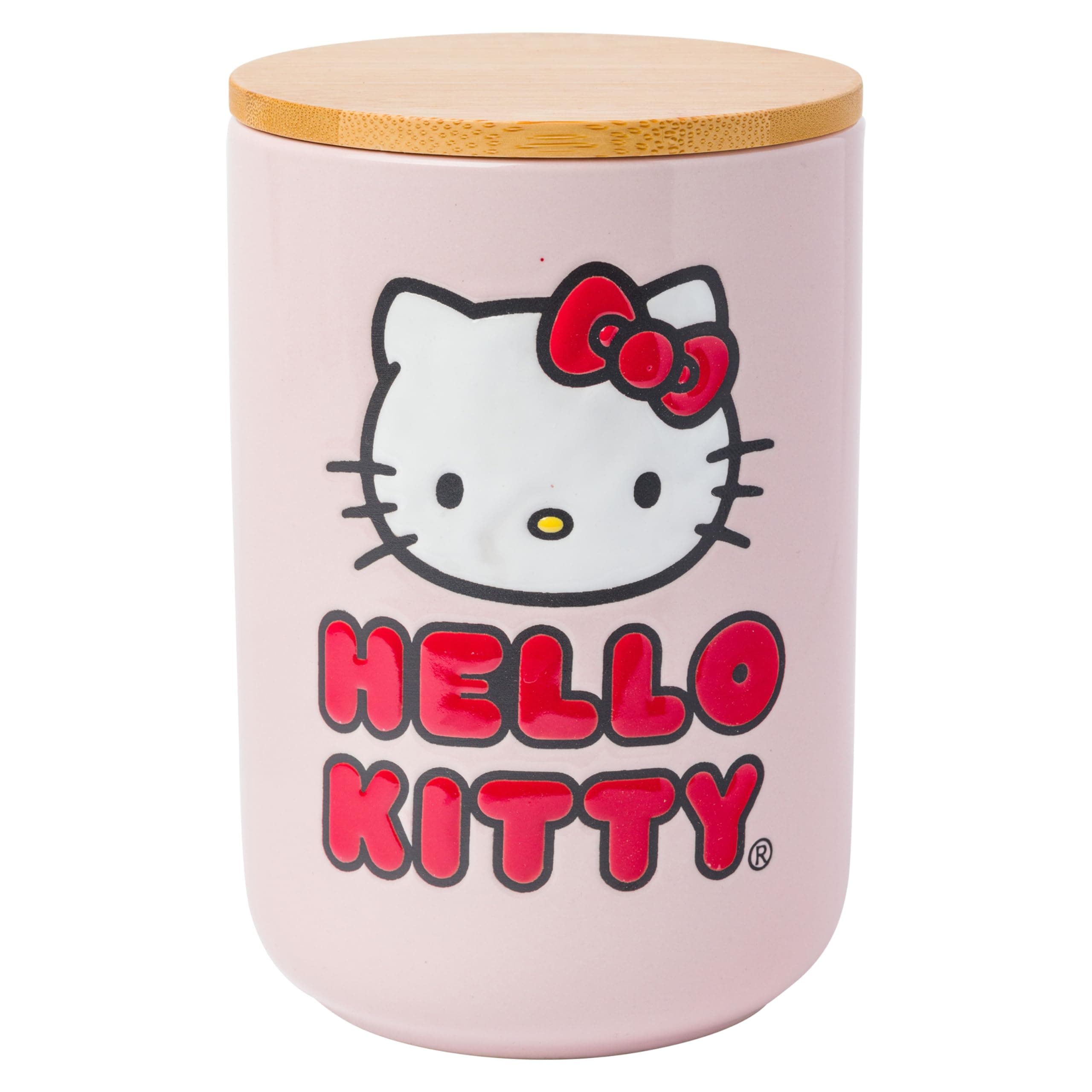 Silver Buffalo Hello Kitty Double Pose and Logo Wax Resist 6.6" Ceramic Cookie Jar w Bamboo Lid
