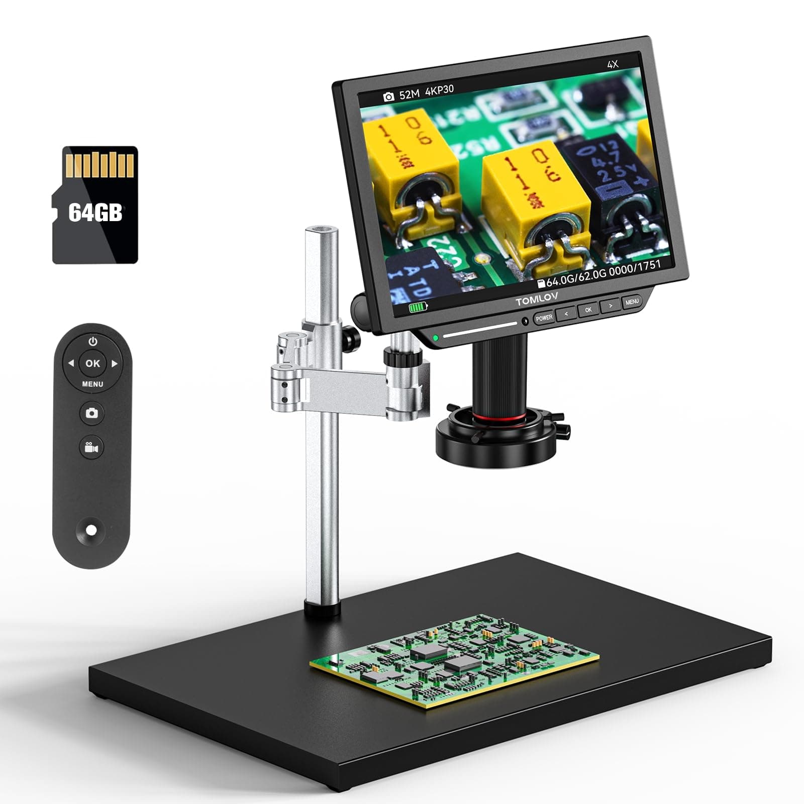 TOMLOV TM4K Max 4K Digital Microscope 2000x, 52MP Spin Arm Soldering Microscope for Adults, 10.1" HDMI Electronics Repair Microscope with Ring Light, Larger Base LCD Coin Microscope Full View, 64GB