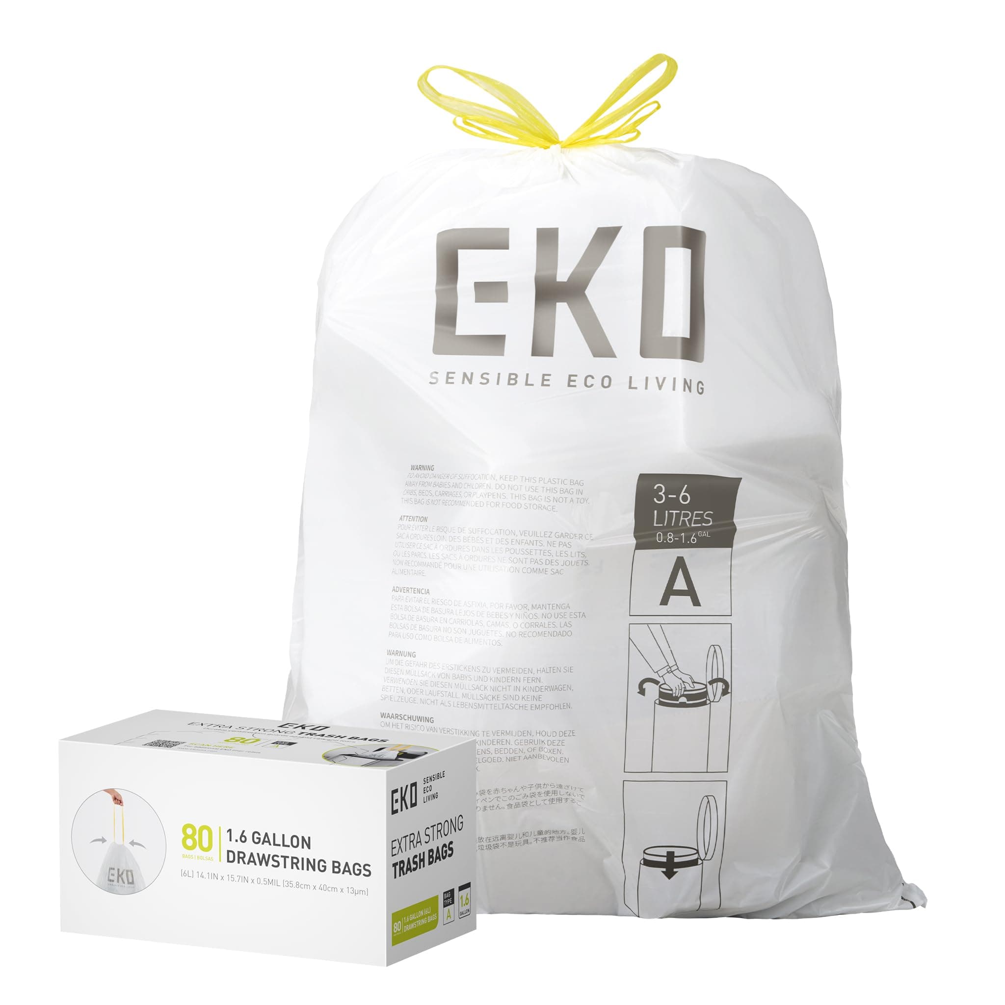 EKO 1.6 Gallon / 3-6 Liter, 80 Count Small Drawstring Trash Bags, Extra-Strong Unscented Garbage Bags, Easy-Dispense Roll for Kitchen & Household Use, Resists Tears, Leaks and Punctures, Code A, White
