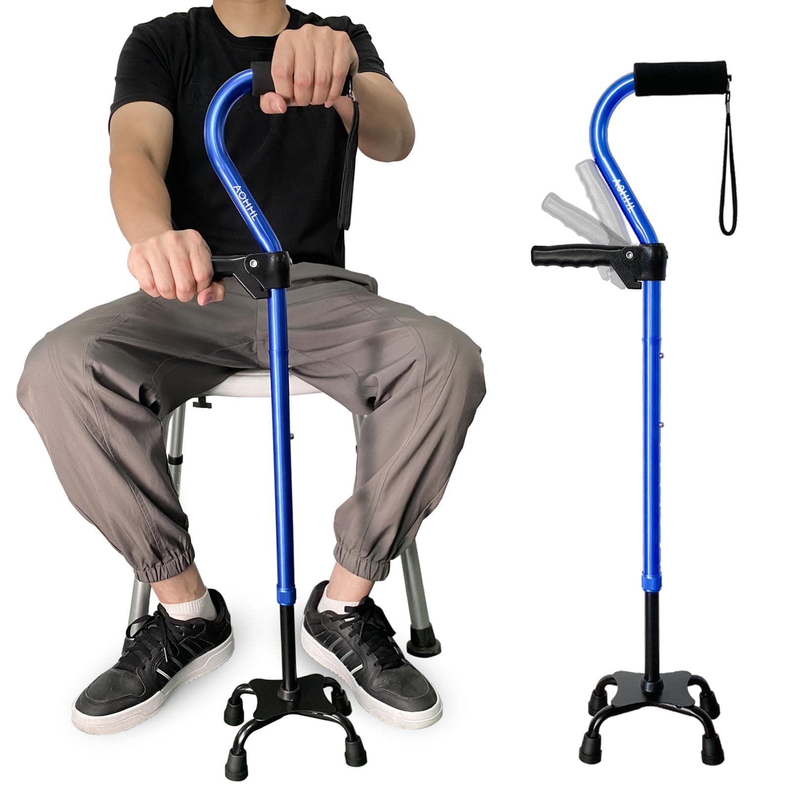 AOHHL Quad Walking Cane Foldable Adjustable Portable Stick Men & Women and Seniors - Lightweight & Sturdy with 4-Pronged Base for Extra Stability Balance,Self Standing Gifts for mom Dad
