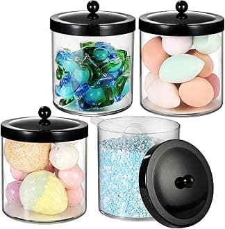 SheeChung 4 Pack 50 Oz Large Apothecary Jar with Metal Lid, Plastic Containers Canisters with Stickers Spoons, Bathroom/Laundry/Kitchen/Pantry Vanity Countertop Storage Organizer Decor(Black)