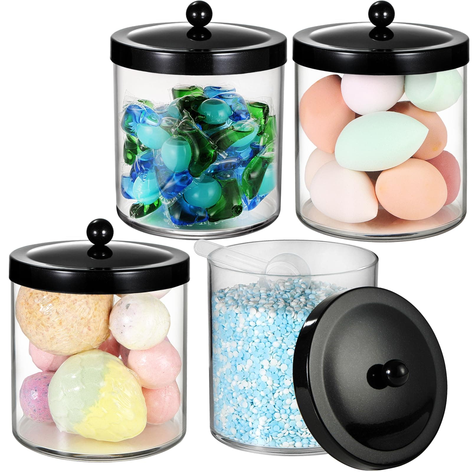 SheeChung 4 Pack 50 Oz Large Apothecary Jar with Metal Lid, Plastic Containers Canisters with Stickers Spoons, Bathroom/Laundry/Kitchen/Pantry Vanity Countertop Storage Organizer Decor(Black)