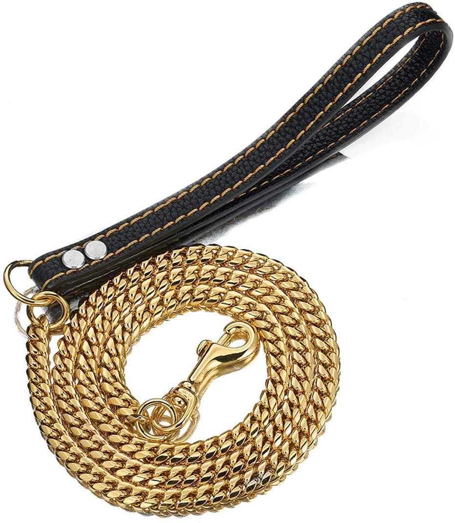 Strong Dog Chain Gold Leash Long 3FT 4FT 5FT 18K Stainless Steel 12mm Curb Cuban Link Dog Leash with Comfortable Genuine Leather Handle(Gold, 4FT)