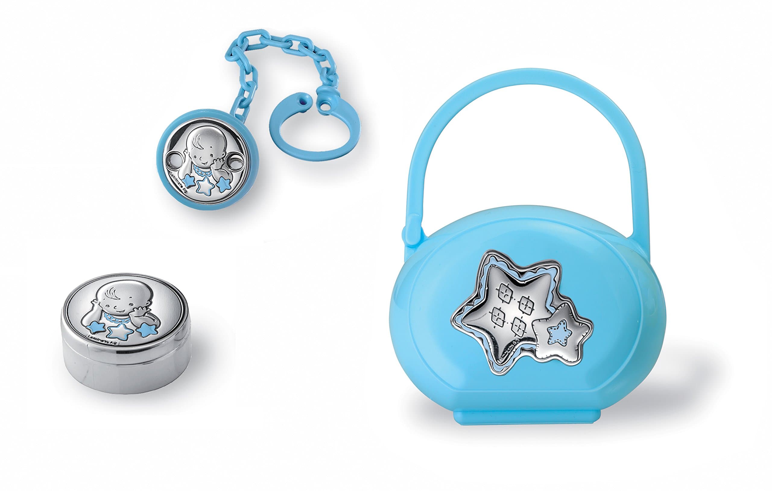 Silver Touch USA Sterling Silver Set Pacifier Case Plus First Tooth Plus Pacifier Clip Baby Gift Set, Blue