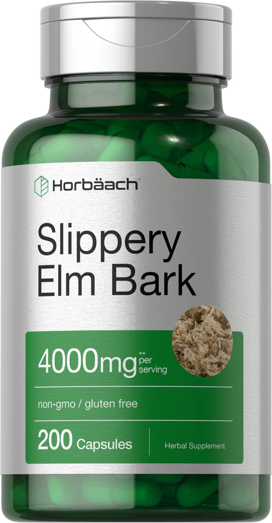 Horbäach Slippery Elm Bark Capsules | 200 Count | Non-GMO & Gluten Free Supplement
