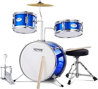 VEVOR Kids Drum Set, 3-Piece, 14 in Beginner Drum Set with Adjustable Throne Cymbal Pedal Two Pairs of Drumsticks, 8'' Tom 10'' Snare 14'' Bass Drum, Starter Drum Kit for Child Kids for Age 6-13, Blue