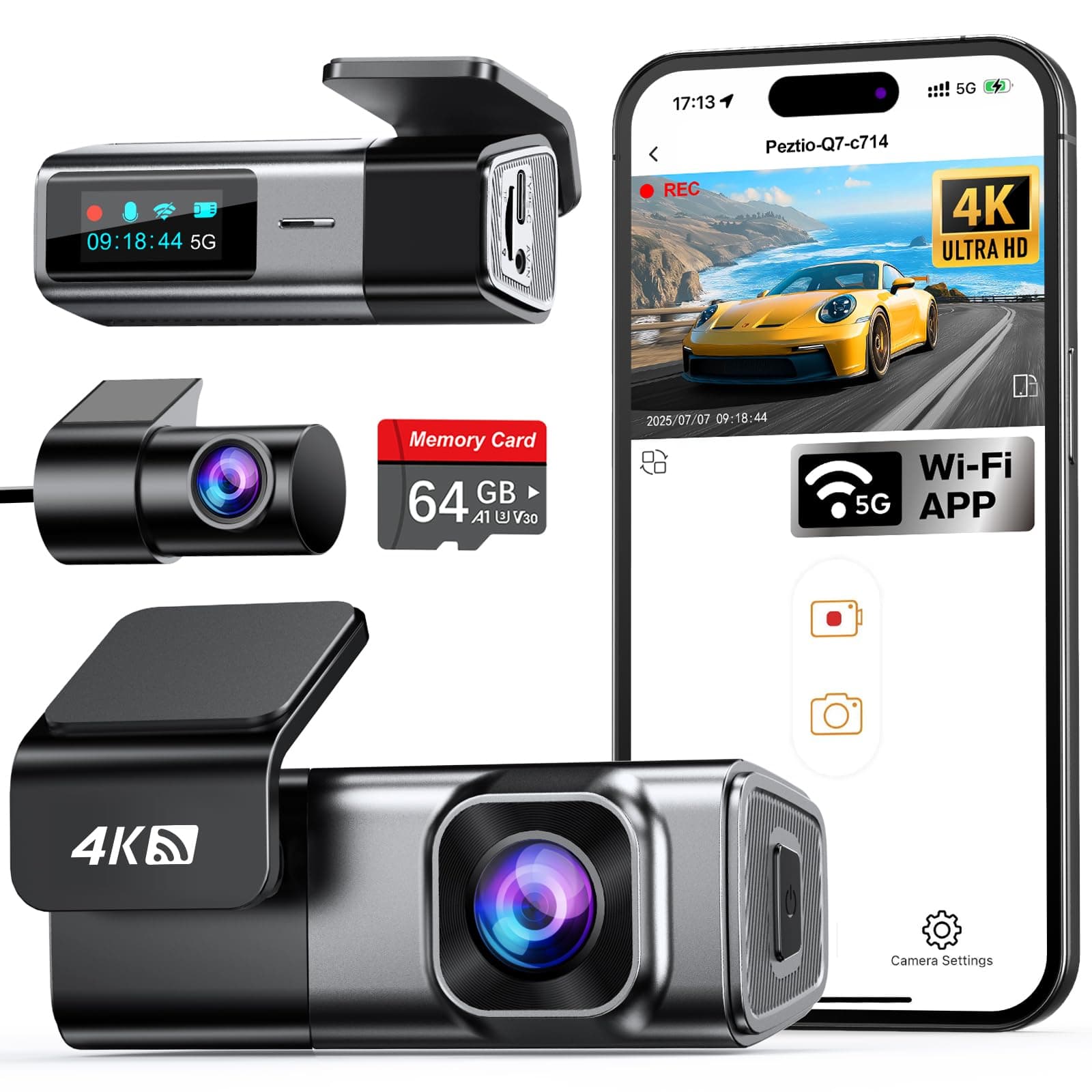 Navycrest 4K Dash Cam Front and Rear with 64GB Card, Built-in 5G WiFi, Dash Camera for Cars 4K Front and 1080P Rear, Dashcams for Cars Loop Recording, Gravity Sensor, 24-Hours Parking Mode