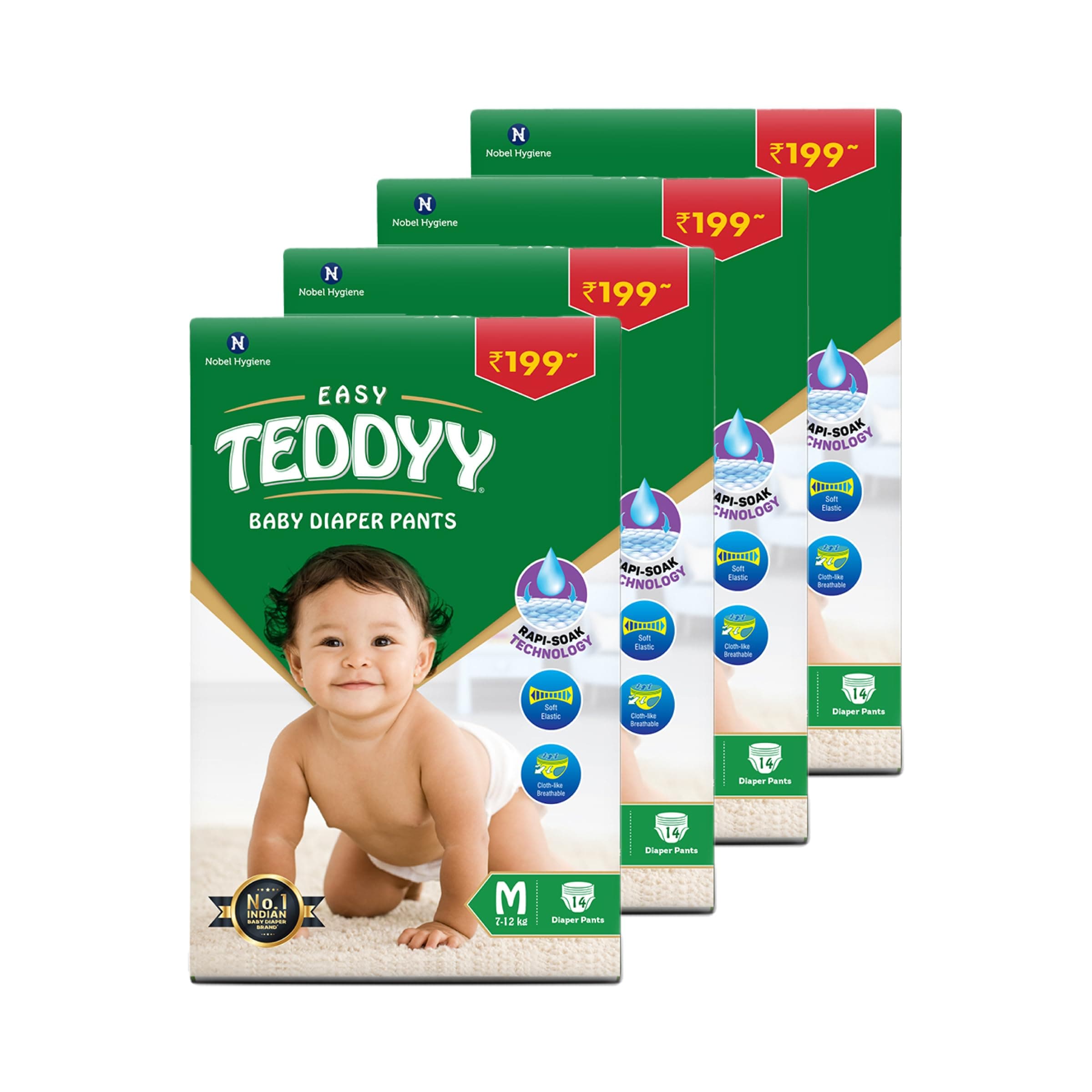 TEDDYY Easy Baby M Size Diaper Pant Style | 56 Count (Medium) | 7–12 kg (Pack of 4) | Long Protection Hours | Anti-Bacterial | Airy Breathable Fit | Rapid Soaker Channels with Wetness Indicator