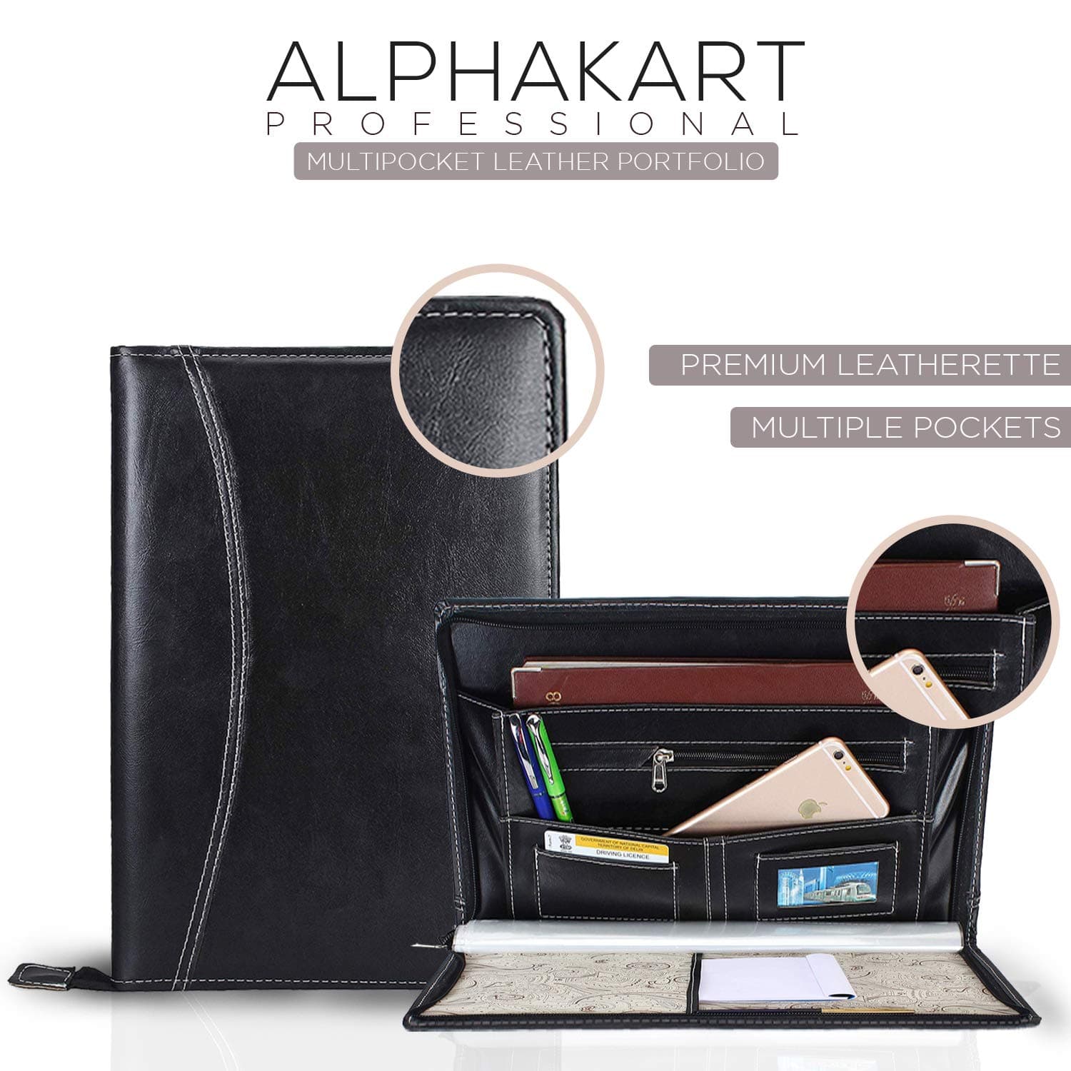 Alpha Kart Multi-pocket Professional Leather Portfolio File Folder with Leaf for Certificates (20 Leafs, B4, Black)