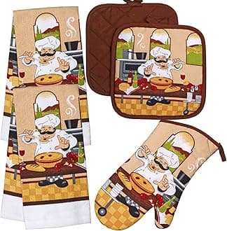 Chef Decor - Towel Linen Set (4 Pc) Fun Fat Chef Spaghetti Ristorante Cafe Themed - Kitchen Towel 2 Potholders 1 Oven Mitt - Oven Mitts - Kitchen Decorations