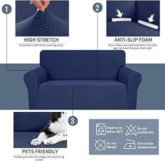 JIVINER Loveseat Slipcovers, 1 Piece Stretch Couch Covers for 2 Cushion Furniture Protector with Elastic Bottom for Kids Pets Jacquard 2 Seater Sofa Cover (Loveseat, Navy Blue)