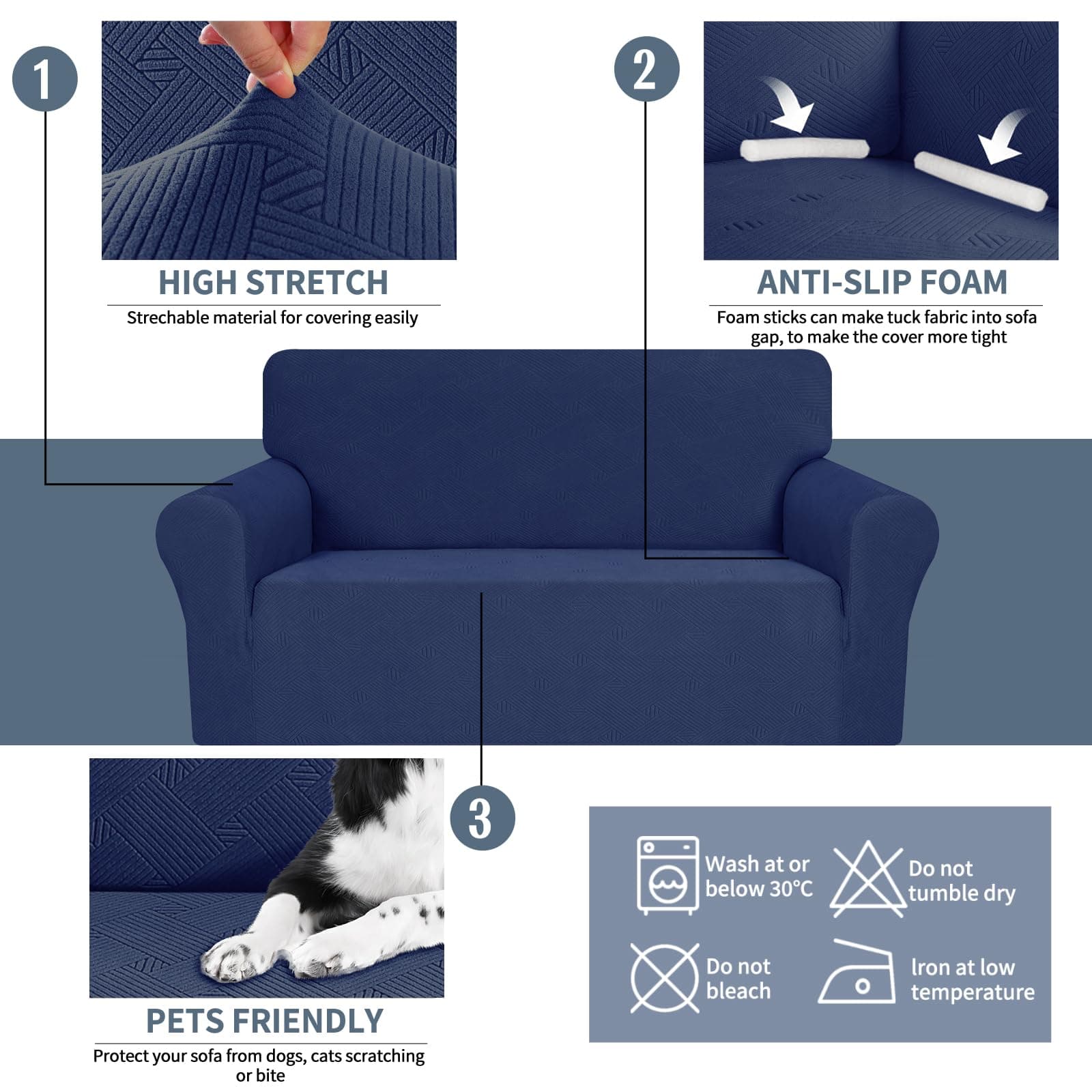 JIVINER Loveseat Slipcovers, 1 Piece Stretch Couch Covers for 2 Cushion Furniture Protector with Elastic Bottom for Kids Pets Jacquard 2 Seater Sofa Cover (Loveseat, Navy Blue)