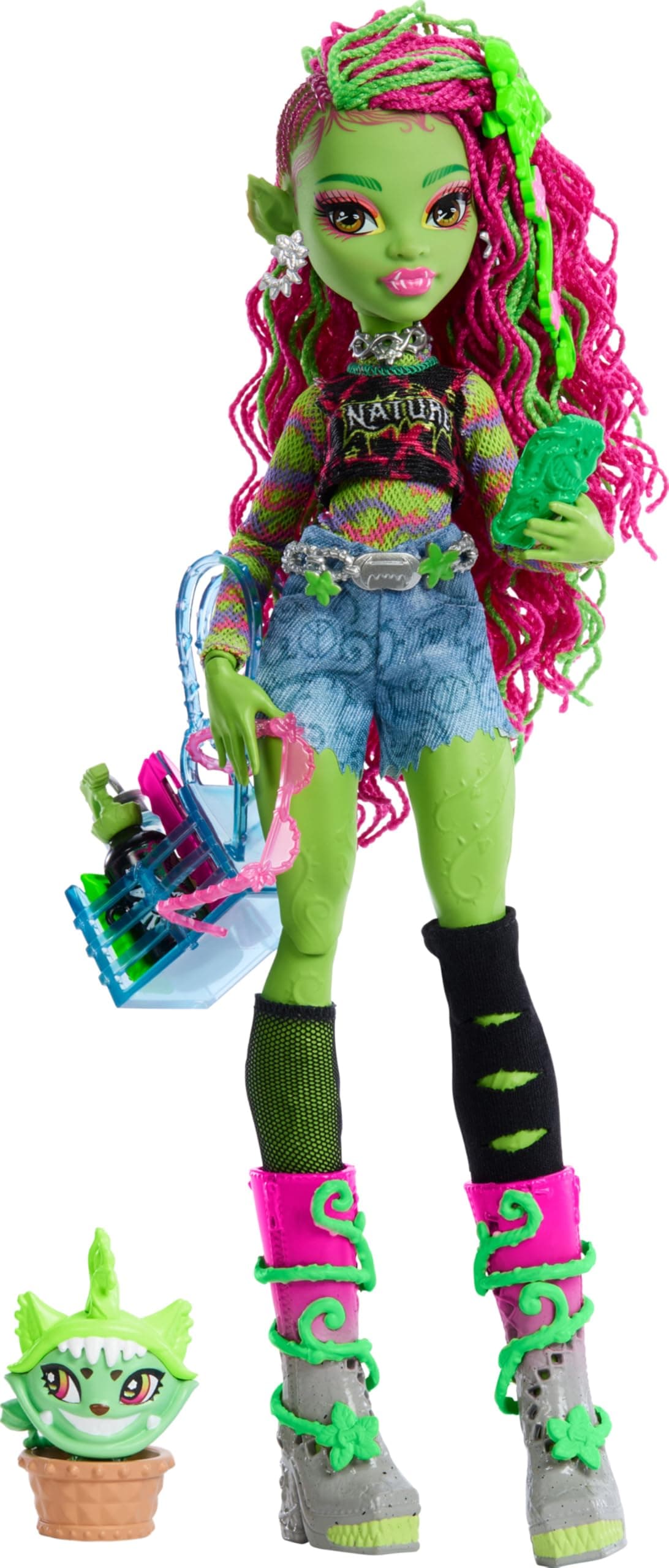 Monster High Venus McFlytrap Doll, Plant Monster with Pet Cat Chewlian & Accessories Like Backpack, Notebook, Snacks & More​​​