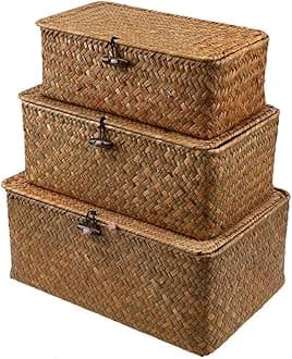 Esoes Wicker Storage Basket Woven Rattan Storage Box With Lids Seagrass Laundry Baskets Makeup Organizer For Bathroom, Living Room, Kitchen (S+M+L)