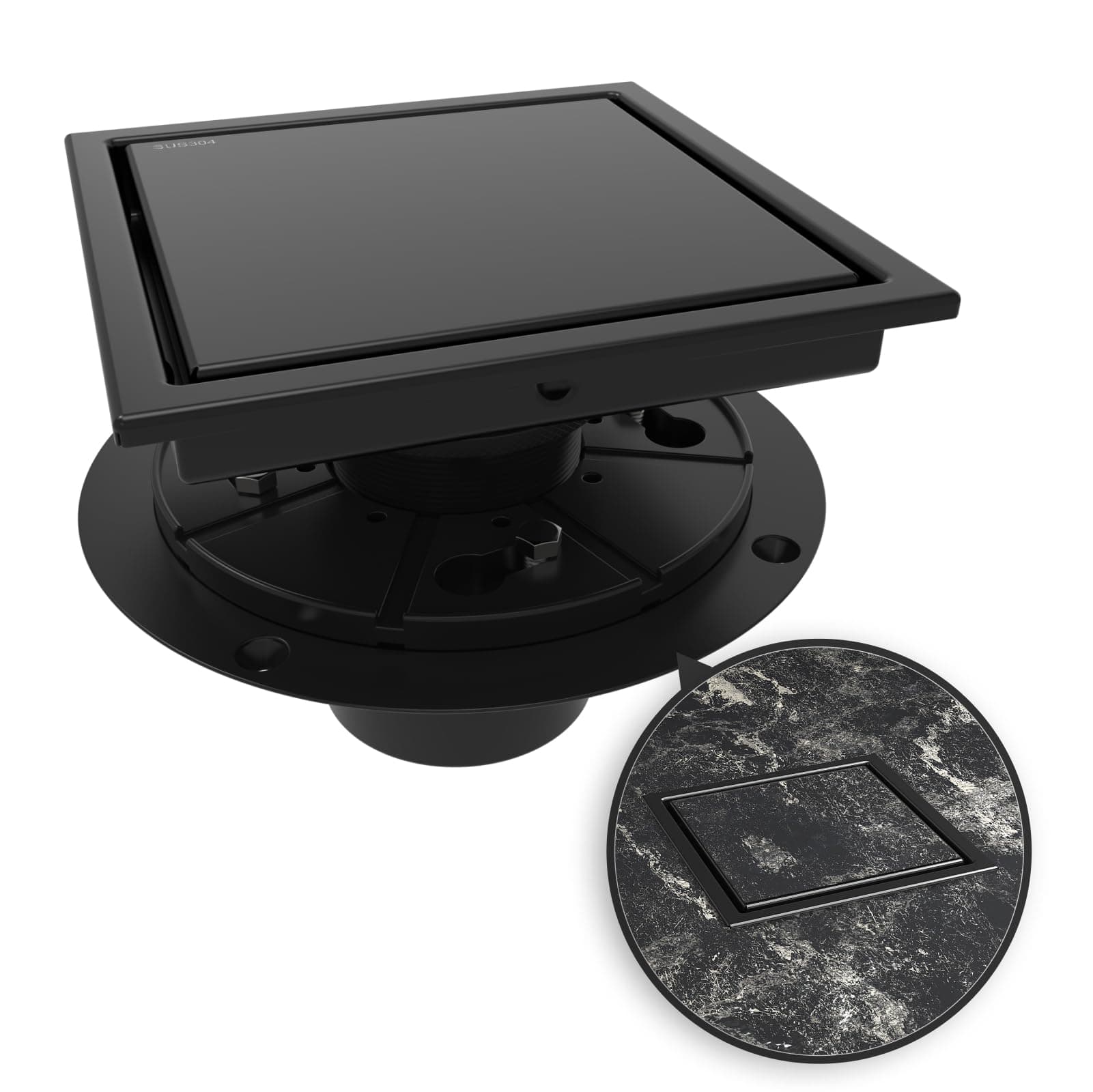 WEBANG 6 Inch Square Shower Drain Black Floor Drain with Flange Reversible 2-in-1 Cover Tile Insert Grate Removable SUS304 Stainless Steel CUPC Certified Matte Black