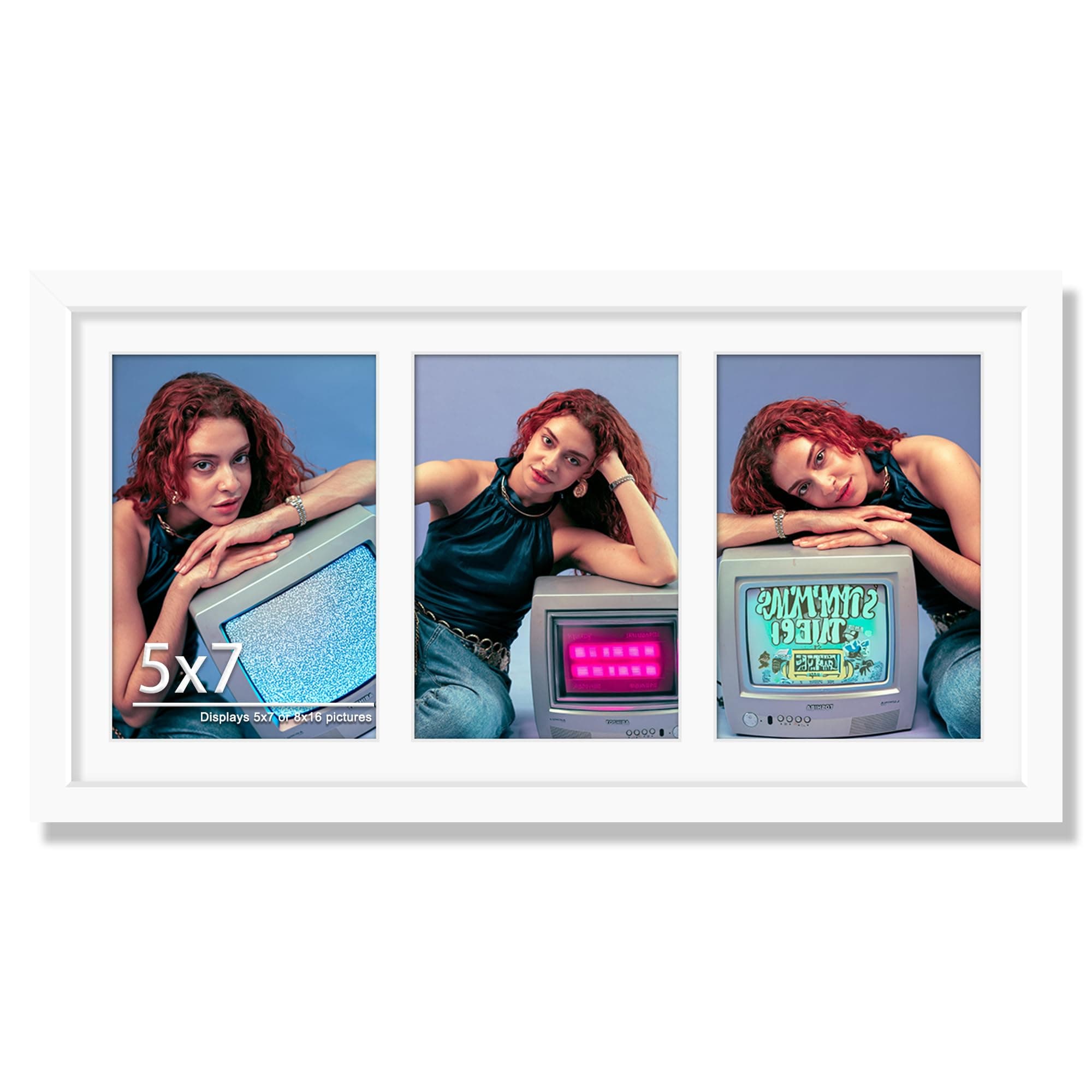 8x16 Collage Picture Frame, 5x7 Collage Picture Frame Displays Three 5x7 inch Photos, or 8x16 (Without Mat) for Available Horizontal Wall Mounting Display and Vertical, White.