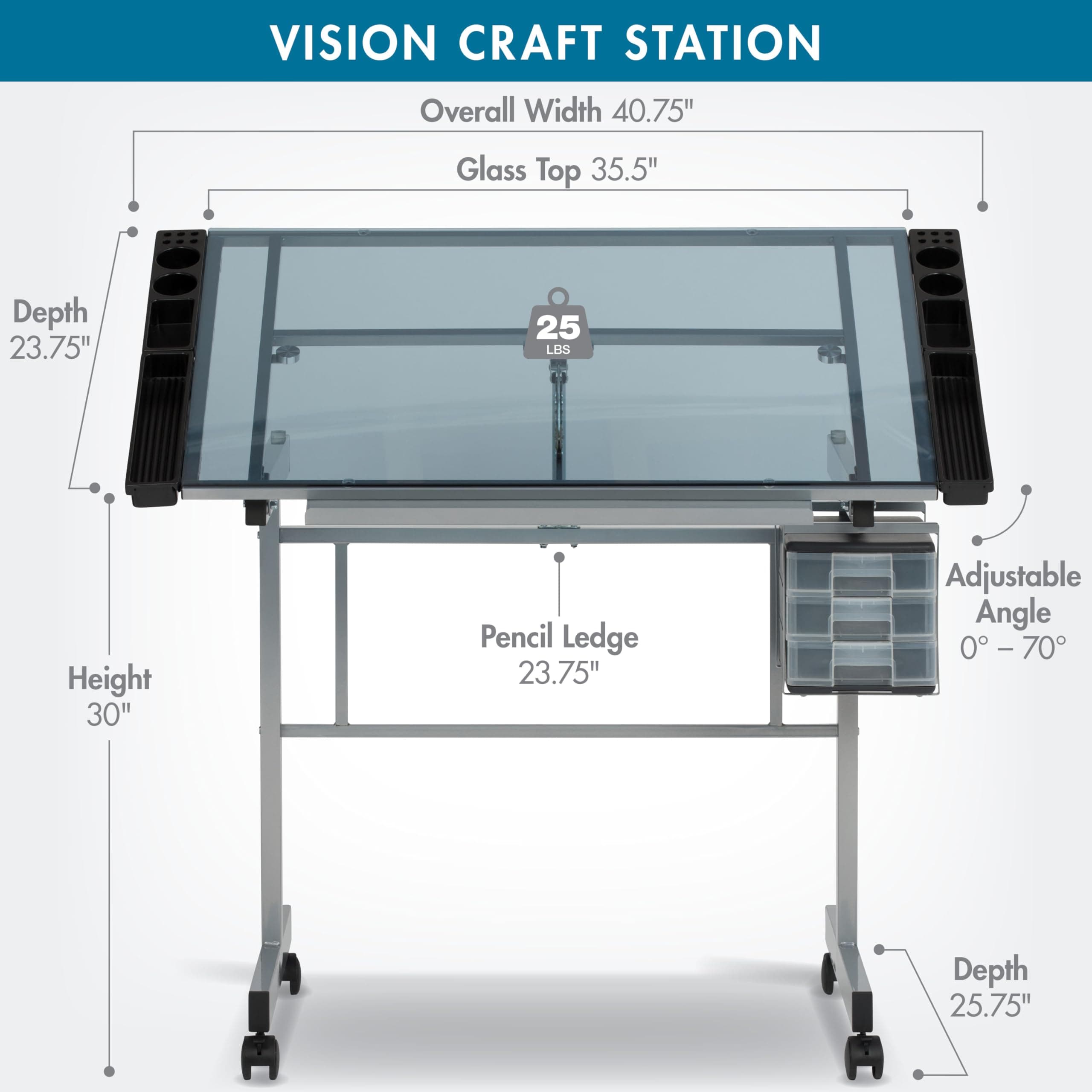 Studio Designs Vision Craft and Drawing Station - 35.5" W by 23.75" D Silver-Blue Glass Top Drafting Table with Pencil Drawers, Side Trays, & Built-In Pencil Ledge - Angle Adjustable Work Surface