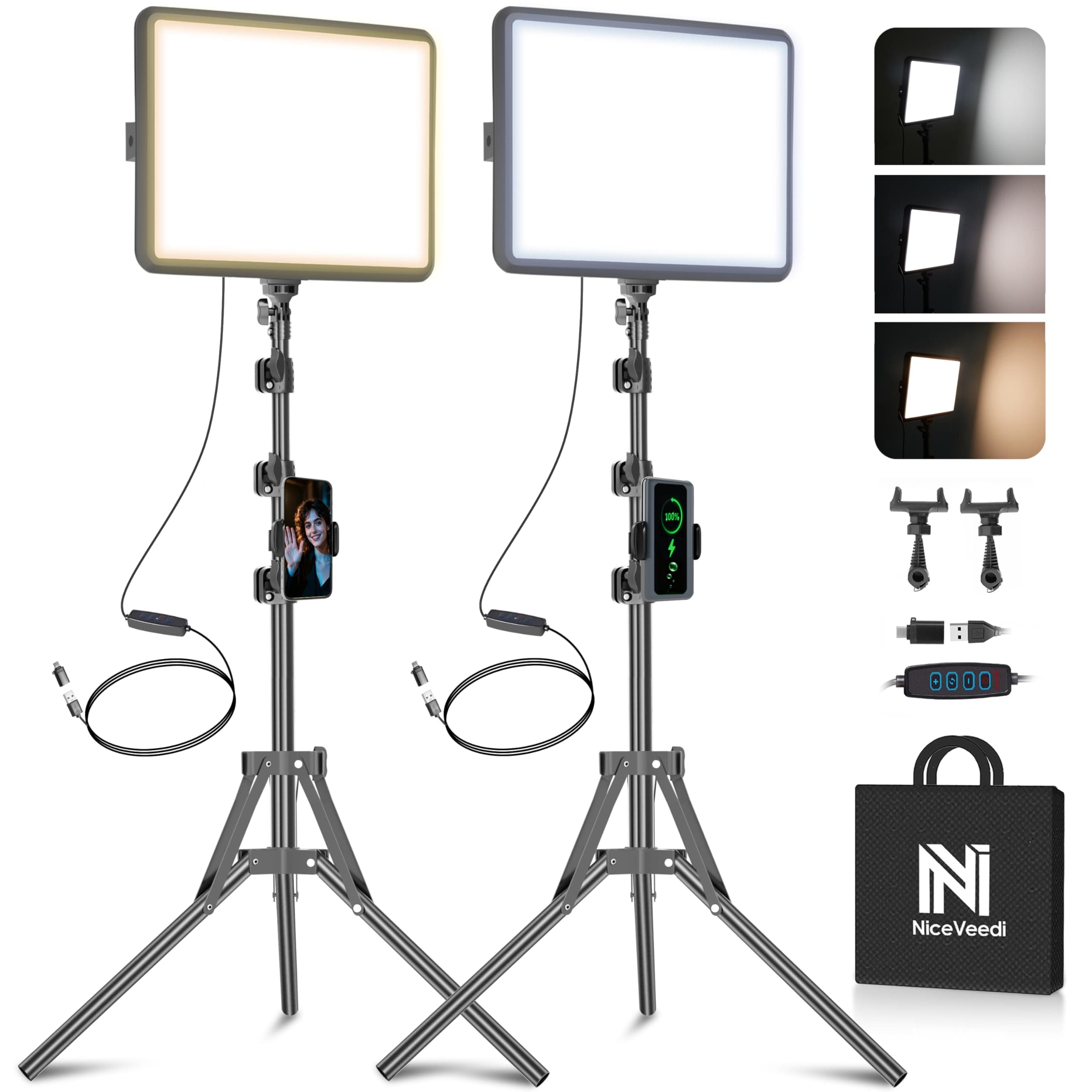 NiceVeedi 2-Pack Photography Lighting Kit, 25 * 20CM Dimmable15W LED Studio Video Light, Stream Selfie Light for Recording/Game Streaming/Camera Portrait, With 160CM Tripod (15w)