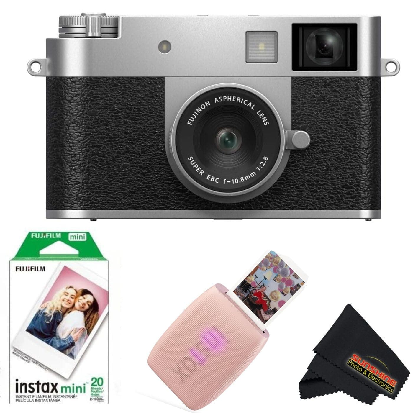 FUJIFILM X Half Digital Camera with Fujifilm Instax Mini Link 3 Smartphone Printer and Sunshine Microfiber Cleaning Cloth... (Silver, Rose Pink Printer + 20 Sheets)