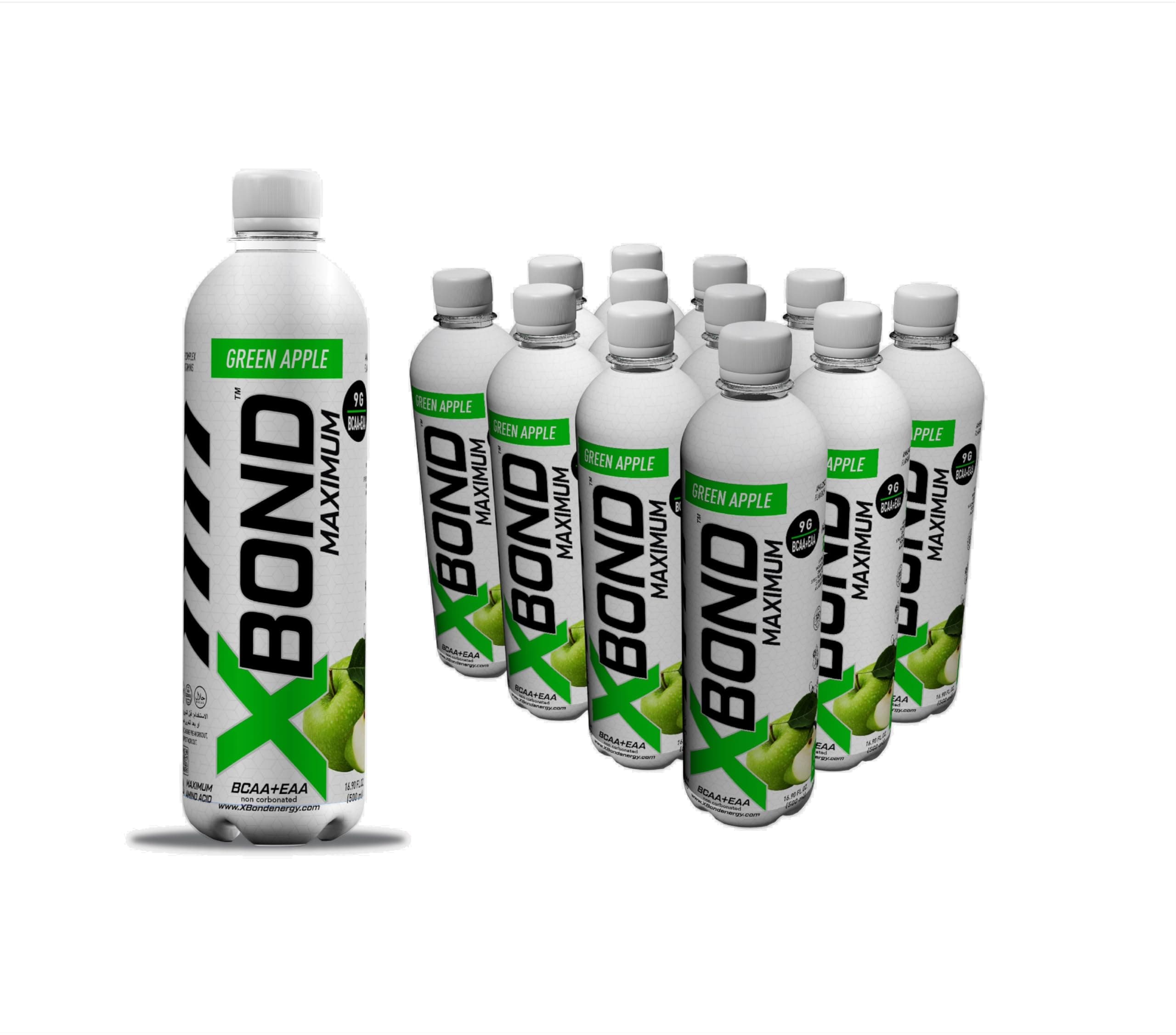 X-BOND Maximum Recovery Green Apple Non Carbonated Drink Maximum Amino Drink - 9g BCAA + EAA Electrolytes - 16 fl oz (500 ml), Sugar Free 34 Calories, Pack of 12