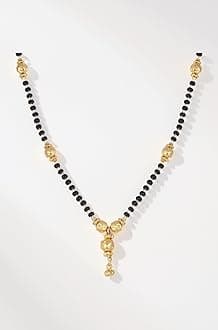 Gold-Plated Black & White Artificial Stones Studded & Beads Beaded Locket Mangalsutra For Women