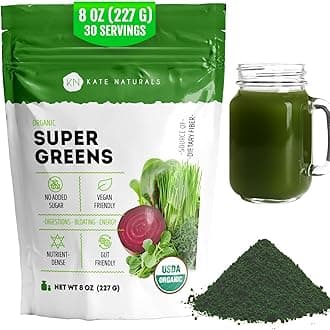 Kate Naturals Organic Super Greens Powder. Daily Greens Superfood Blend with Probiotics & Fiber for Smoothies and Juice (30 Servings, 8oz, Natural)
