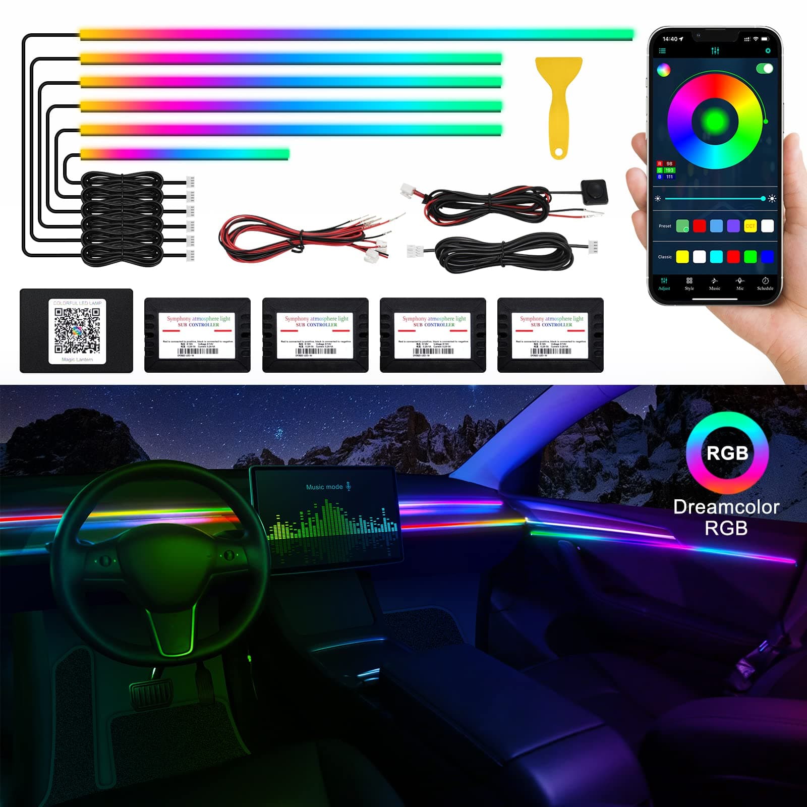 Acrylic Interior Car LED Strip Light with Wireless APP, RGB Dreamcolor 6 in 1 with 175 inches 593 LEDs Fiber Optic Ambient Lighting Kits, 16 Million Colors Sound Active Function Car Neon Lights