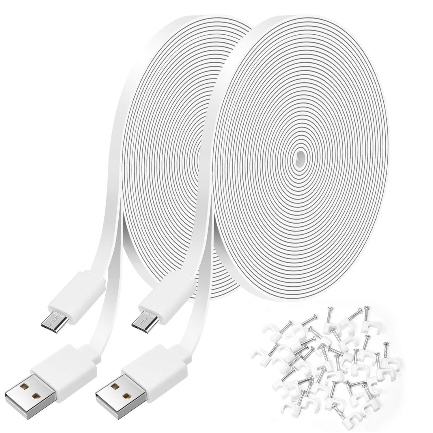 2 Pack 26FT Flat Power Extension Cable for WyzeCam, for WyzeCam V3, for WyzeCam Pan, for KasaCam NestCam Indoor, for Yi Cam, for USB to Micro USB Charging and Data Sync Cord with Wire Clips