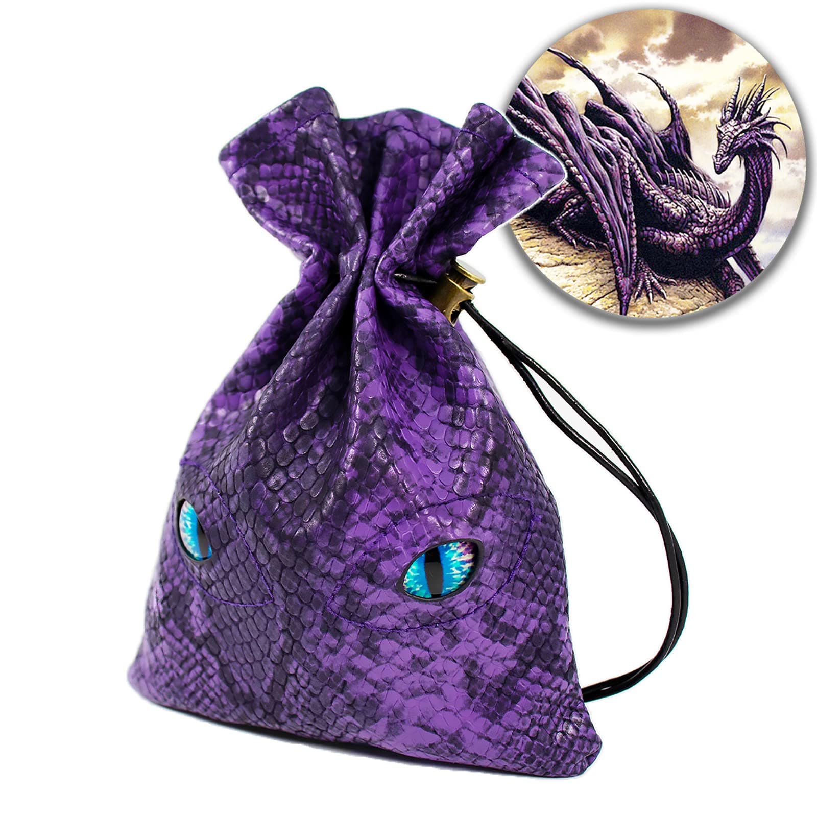 Byhoo DND Dice Bag Can Cover 6 Sets, Glow in The Dark Eyes, Purple Dragon Leather Coins Bag for Fantasy Dragons and Dungeons Games Accessories, Drawstring Dice Pouch