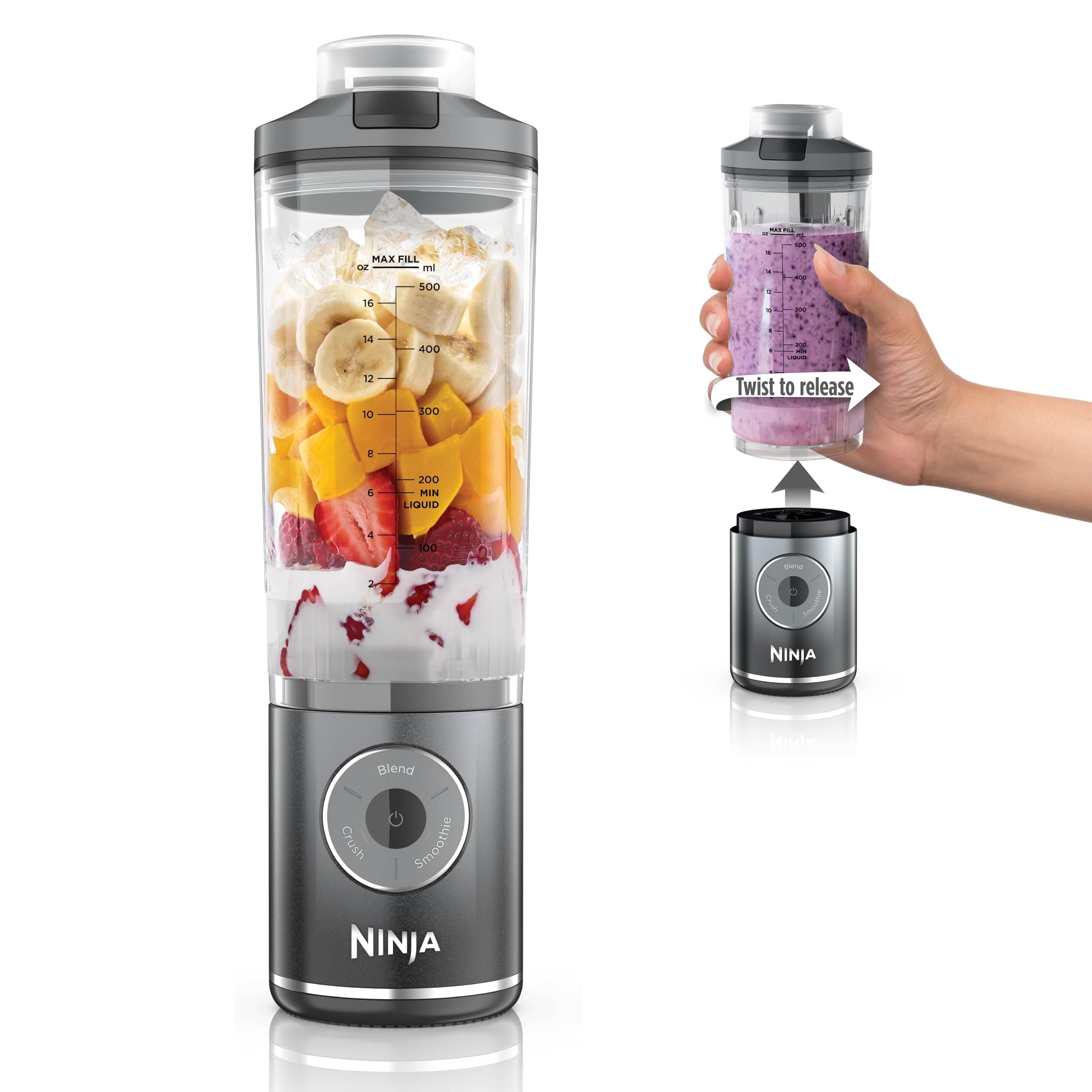 Ninja Blast Max, Portable Blender + Twist & Go, Personal Blender, Smoothie, Blend, Ice Crush, 3 Programs, Cordless, 22 oz Removable Vessel, Dishwasher Safe, Leakproof, Grey, BC251GY