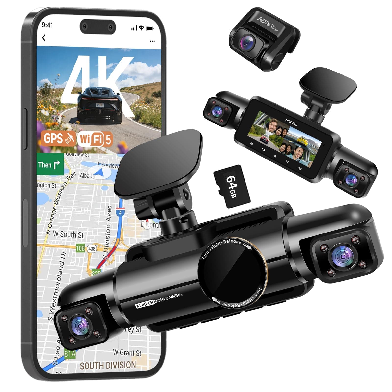 4 Channel Dash Cam Front and Rear, 3K+3*1080P Dash Camera for Cars, Free 64GB Card, 360° Car Video Recorder, 5GHz WiFi GPS, Voice Control, CPL Filter, WDR Night Vision, 24H Parking Mode(N700)
