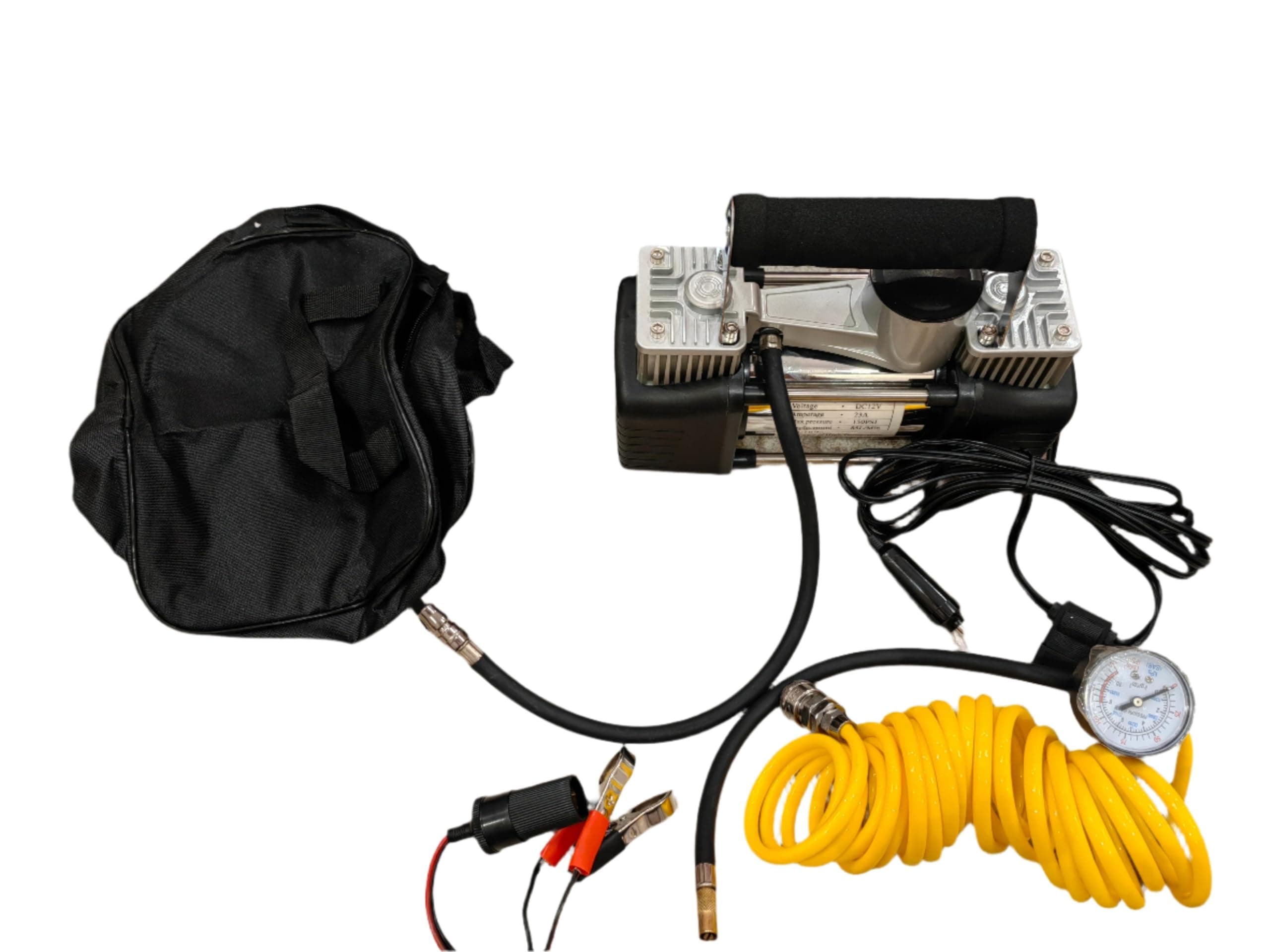 1 Year Warranty 2 Cylinder compact air compressor with free bag and accessories ضمان سنة كمبرسر هواء سليندرين مع شنطة واكسسوارات مجانا