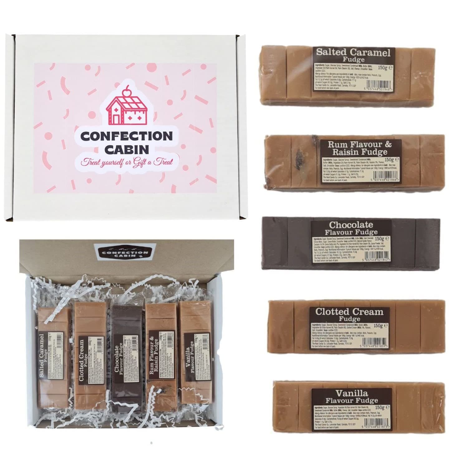 – Fudge Gift Set in 5 Flavours (5 Bars x 130g) - Salted Caramel, Rum and Raisin, Chocolate, Vanilla, and Clotted Cream Bars | Selection Box, Stocking Fillers, Birthday Gift