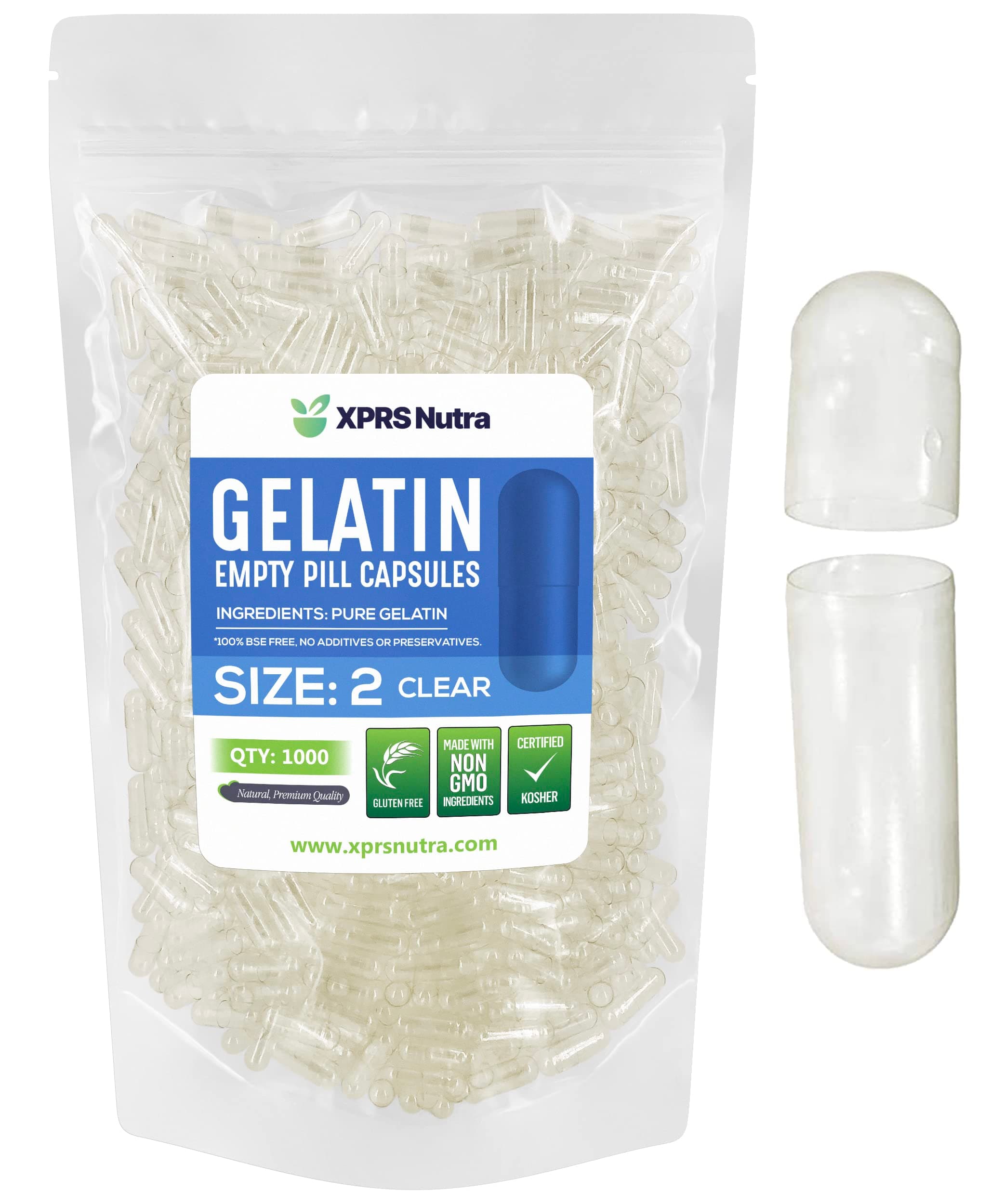 XPRS Nutra Capsules Express- Size 2 Clear Empty Gelatin Capsules 1000 Count - Kosher and Halal - Pure Gelatin Pill Capsule - DIY Powder Filling