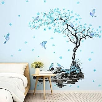 Large Flower Tree Wall Decals Blue Blossom Floral Wall Stickers Peel and Stick Wall Art Mural for Girls Bedroom Living Room Watercolor Bird Tree Branch Wall Stickers for Kitchen TV Background Decor