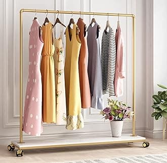 Gold Metal Clothing Rack with Wood Shelf, Heavy Duty Rolling Garment Rack with Wheels for Bedroom Retail Boutique Use (61L inches)