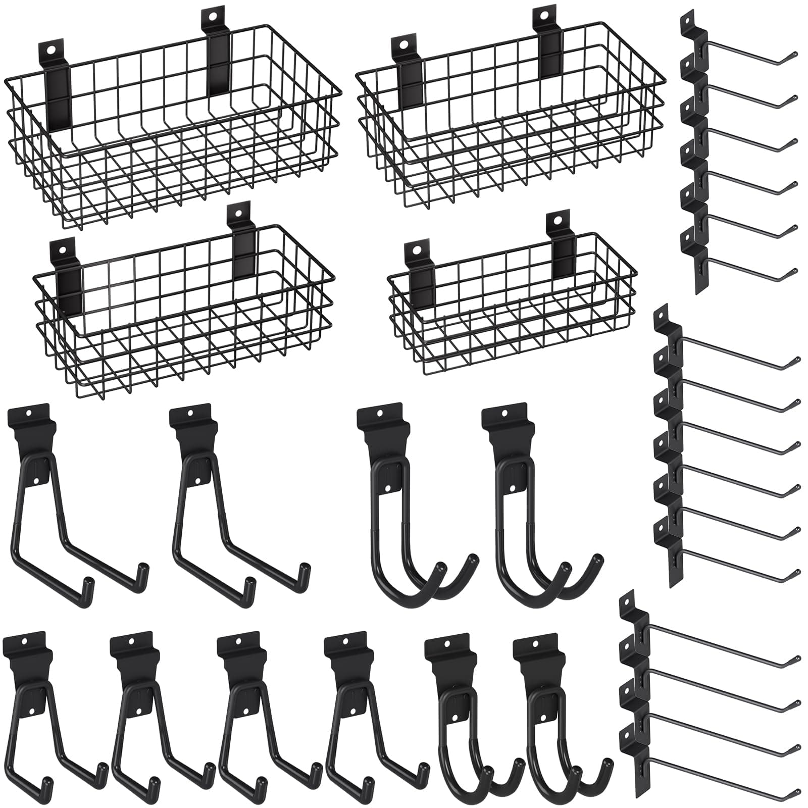 INCLY 30PCS Slatwall Accessories Set, Includes 4 Pack Ventilated Metal Wire Slatwall Baskets and 26PCS Multisized Heavy Duty Slatwall Hooks for Garage Organization Rooms Workshop Storage