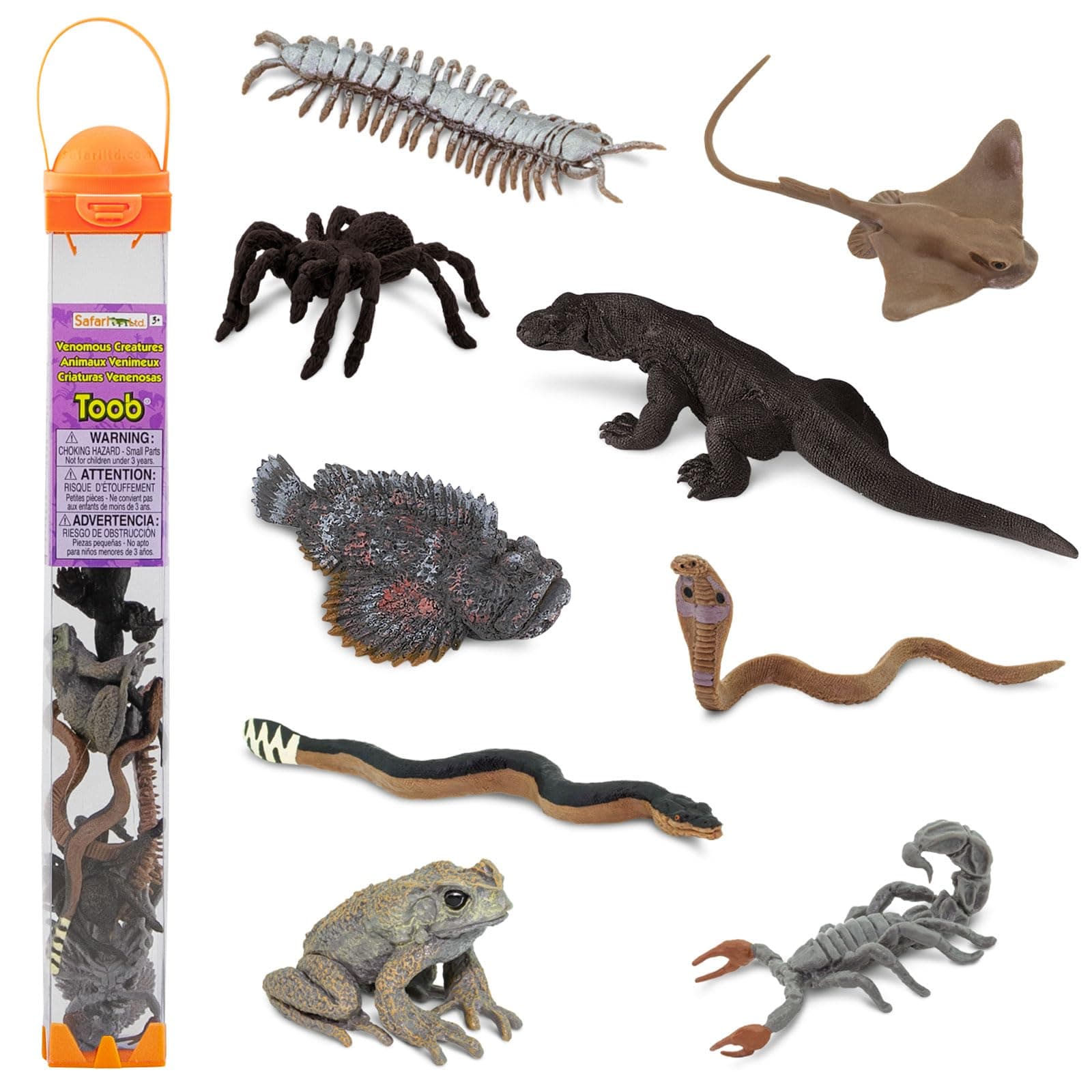 Venomous Creatures TOOB - 9 Figurines: Toad, Snake, Ray, Komodo Dragon, Tarantula, Centipede, Scorpion, Stone Fish, Cobra - Educational Toy Figures For Boys, Girls & Kids Ages 3+
